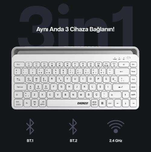 Everest KB-BT66 Beyaz 2.4G+BT1+BT2 üçü bir arada 3 in 1 Q Kablosuz klavye - Klavye Mouse Setler ürünleri tekmarshop.com'da